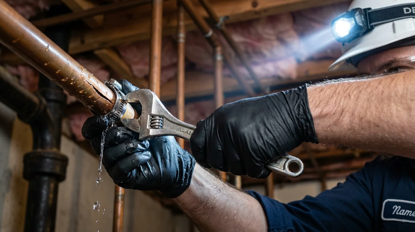 Emergency pipe clamp repair being performed by a Johns Plumbing LLC plumber in Wytheville