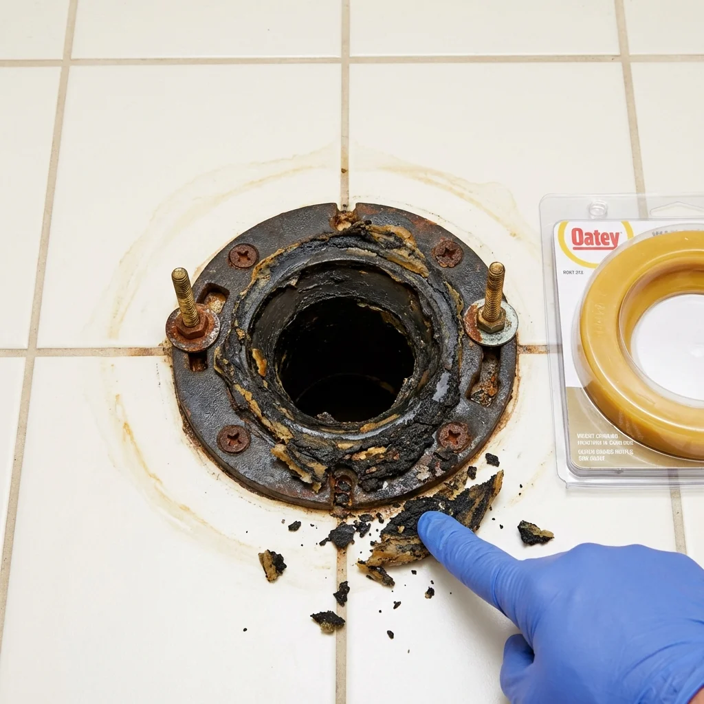 Failed wax ring showing water seepage at the base of a toilet in a Wytheville, VA home