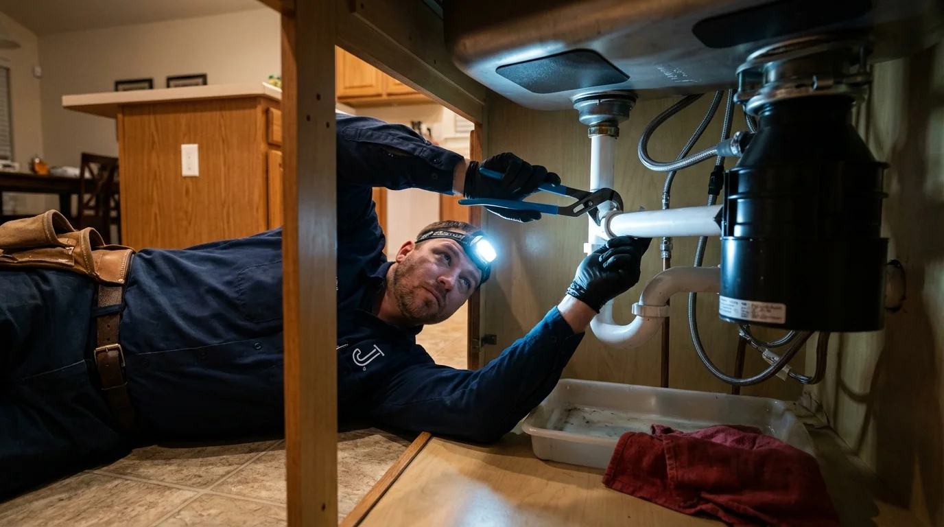 P-trap and supply line connections under a kitchen sink showing a common leak point in Wytheville, VA